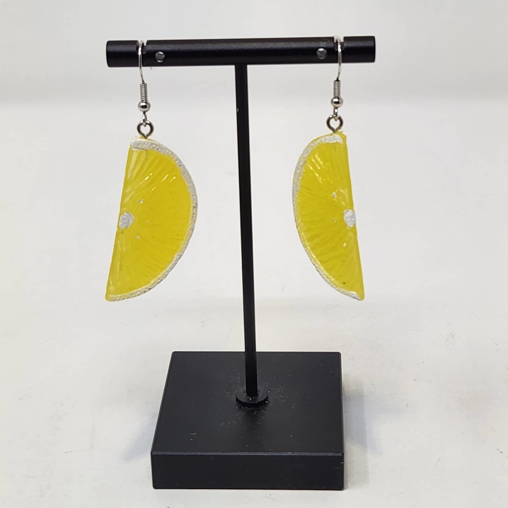 Yellow White Lemon Slice Dangle Drop Hook Earrings Plastic Fruit Novelty Summer